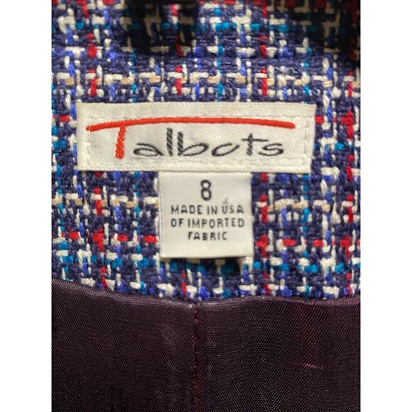 VTG 90s Talbots 100% Silk Bouclé Tweed Open Front Jacket Blue Red White Sz 8 USA - Picture 4 of 7